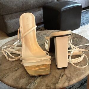 Public Desire Cream Lace-Up Platform Heels with Gold Toe Plate